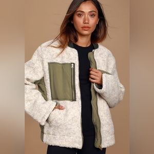 FREE PEOPLE RIVINGTON OLIVE GREEN & IVROY SHERPA JACKET